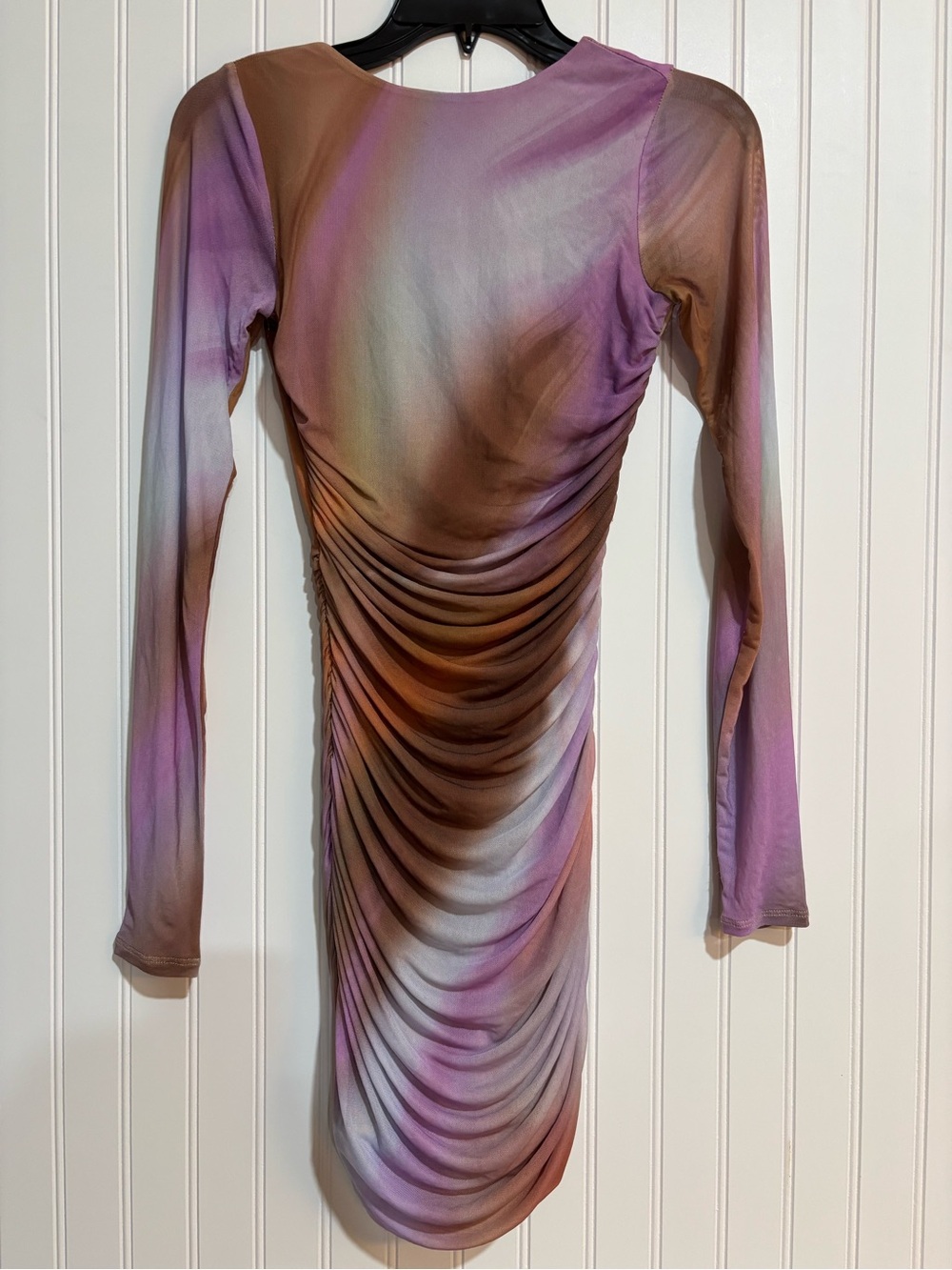 AFRM Tie-Dye Ruched Long-Sleeve Mini Dress - Pink & Brown - Picture 5 of 7
